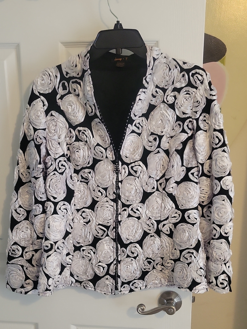 Jerry T Black Jacket with White Rose Rosette Pattern Chrystal Zip up Front